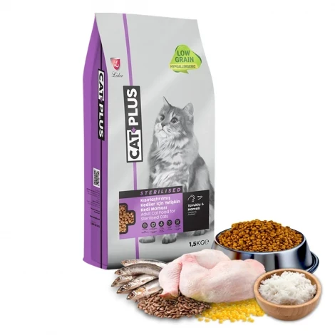 CatPlus Düşük Tahıllı Hipoalerjenik Tavuklu Hamsili Kısırlaştırılmış Kedi Maması 1,5 Kg