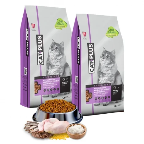 CatPlus Düşük Tahıllı Hipoalerjenik Tavuklu Hamsili Kısırlaştırılmış Kedi Maması 1,5 Kg x 2 Adet