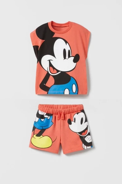 Unisex Çocuk Mickey Mouse Baskılı Pamuklu Bisiklet Yaka T-shirt ve Şort Alt Üst Takım - 2