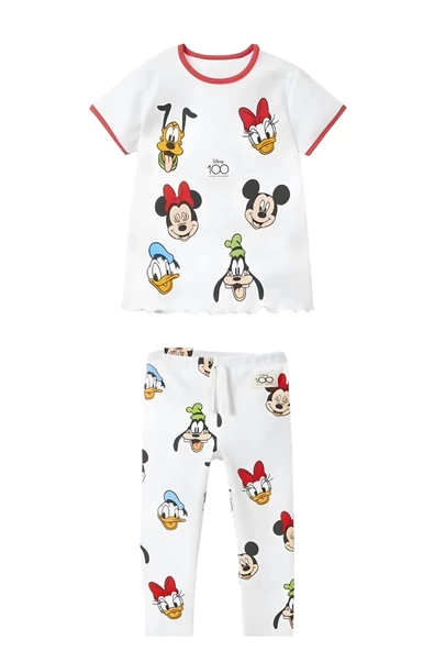 Kız Çocuk Disney 100. Yıl Baskılı Pamuklu Bisiklet Yaka Fitilli Kumaş T-shirt ve Tayt Alt Üst Takım - 2
