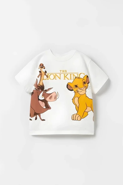 Unisex Çocuk Aslan Lion King Baskılı Pamuklu Bisiklet Yaka Beyaz T-shirt ve Şort Alt Üst Takım - 8