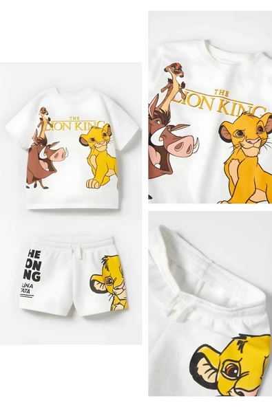 Unisex Çocuk Aslan Lion King Baskılı Pamuklu Bisiklet Yaka Beyaz T-shirt ve Şort Alt Üst Takım