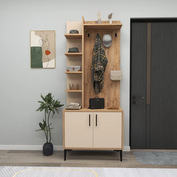 Arnetti Julendor Portmanto, 2 Kapaklı 6 Raflı Askılıklı, Atlantik Çam Bej