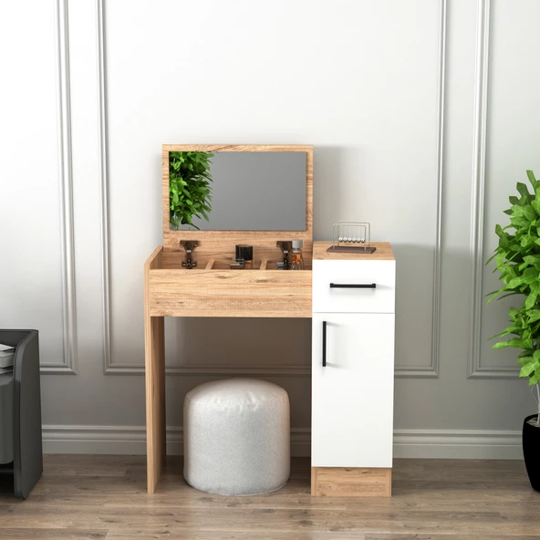 Arnetti İnci Atlantik Çam, Beyaz Aynalı Makyaj Masası - Çekmeceli, Dolaplı Şık Tasarım - 2