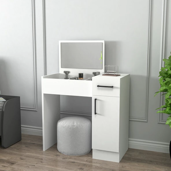 Arnetti İnci Beyaz Aynalı Makyaj Masası - Çekmeceli, Dolaplı Şık Tasarım - 3