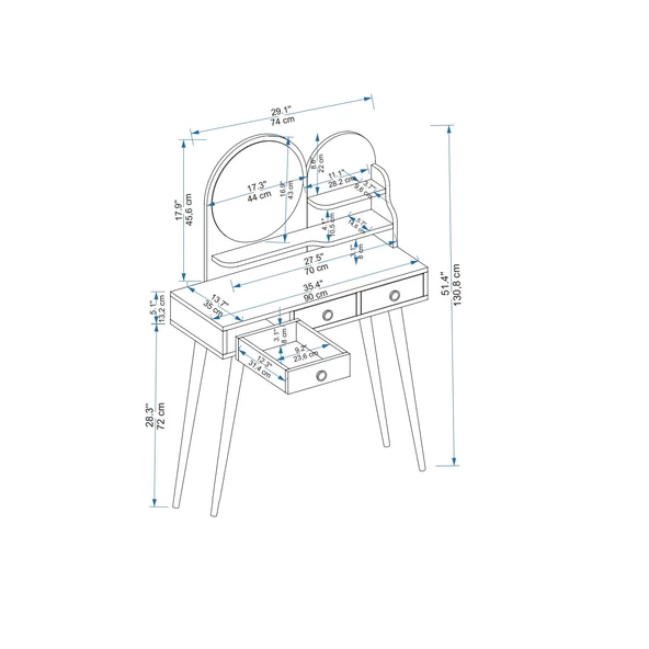 Arnetti Ruges Aynalı Ahşap Ayaklı Makyaj Masası Atlantik Çam - 4