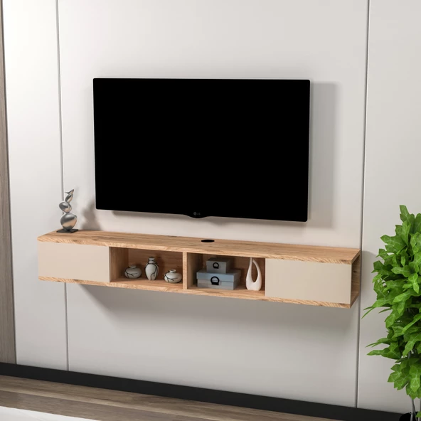 Arnetti Mayer TV Sehpası, Duvara Monte Raflı Televizyon Sehpası, Atlantik Çam Bej - 2