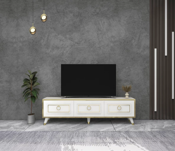 Arnetti Sona 180cm Dolaplı Dekoratif TV Ünitesi Beyaz Altın Bant