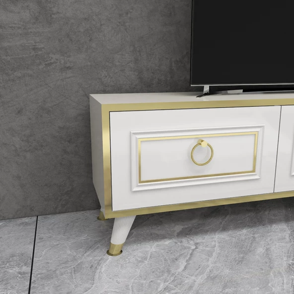 Arnetti Sona 180cm Dolaplı Dekoratif TV Ünitesi Beyaz Altın Bant - 3