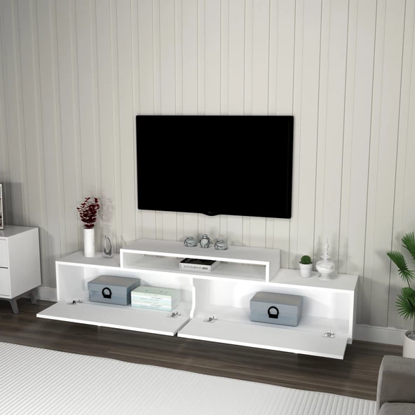 Arnetti Grasyas 2 Kapaklı Raflı 180 cm Dekoratif TV Sehpası, Beyaz - Grasyas - 3