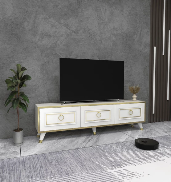 Arnetti Sona 180cm Dolaplı Dekoratif TV Ünitesi Beyaz Altın Bant - 2