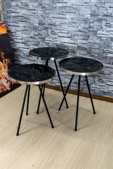 Zigon Sehpa 3'lü Siyah Metal Ayak Gümüş Siyah Bendir 1070 - 3
