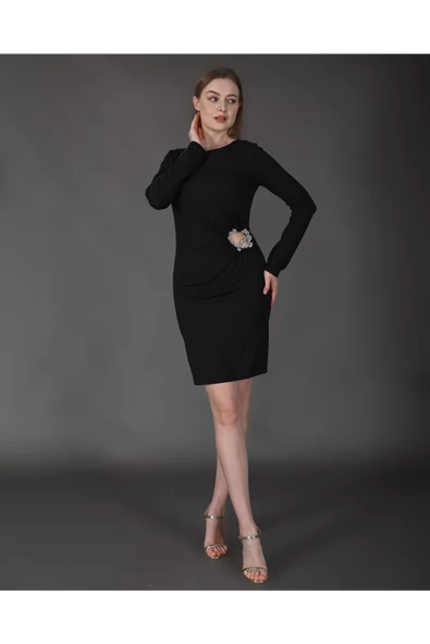 Modatalika Kadın Mini Taş Detaylı Uzun Kol Şık Mini Elbise - Resim 10