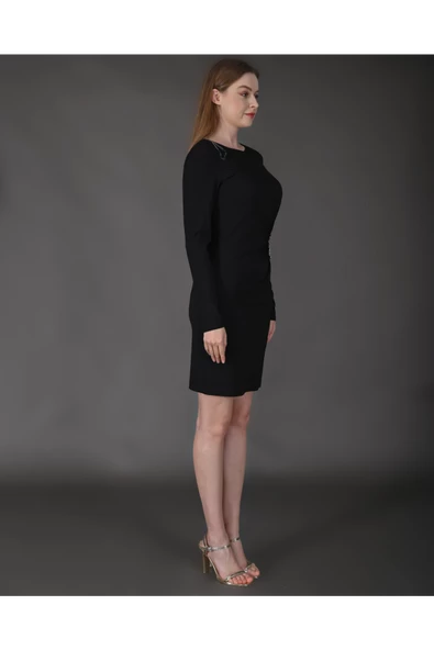 Modatalika Kadın Mini Taş Detaylı Uzun Kol Şık Mini Elbise - Resim 7