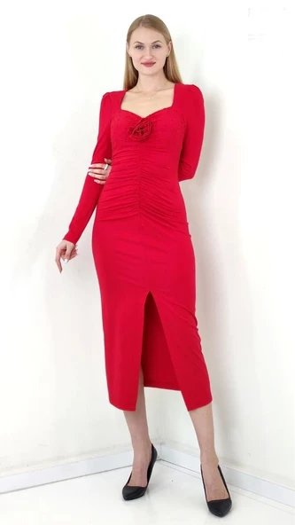 Modatalika Kadın Etek Kısmı Büzgü Aksesuar Detay'lı Maksi Şık Tasarım Elbise ürün görseli 1