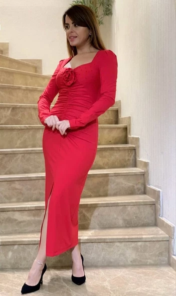 Modatalika Kadın Etek Kısmı Büzgü Aksesuar Detay'lı Maksi Şık Tasarım Elbise - Resim 3