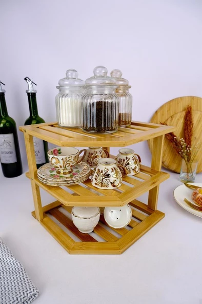 Digithome Bambu 3 Katlı Köşe Rafı Organizer Mutfak Düzenleyici Kahverengi - C/3 C1-1-289 - 2