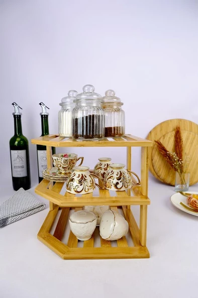 Digithome Bambu 3 Katlı Köşe Rafı Organizer Mutfak Düzenleyici Kahverengi - C/3 C1-1-289