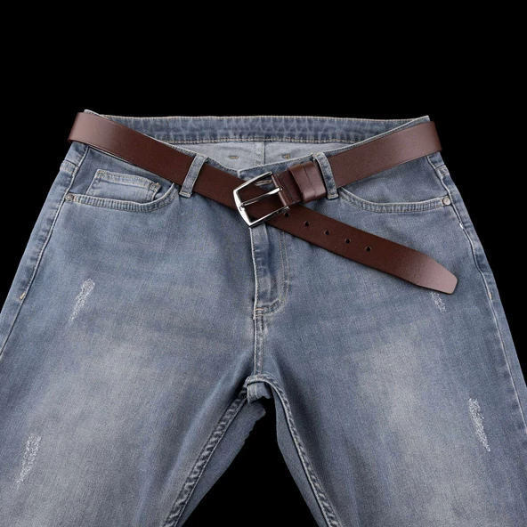 2 Adet Hakiki Deri Erkek Kemer 4 cm Kahverengi Lacivert Keten ve Kot Uyumlu - 7