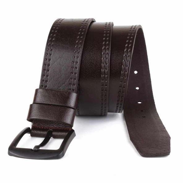 Hakiki Deri Erkek Kemer 4,5 cm Dikiş Desenli Kahverengi - Resim 2