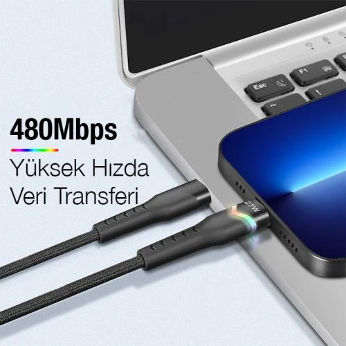 Polham 1 Metre 27W Süper Hızlı Type-C To iPhone Lightning Şarj ve Data Kablosu, Renkli Led Işıklı Kablo - 4