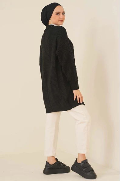 Lugmo Kadın Triko Hırka Akrilik iplik 80 cm Saç Örgülü Siyah - 4