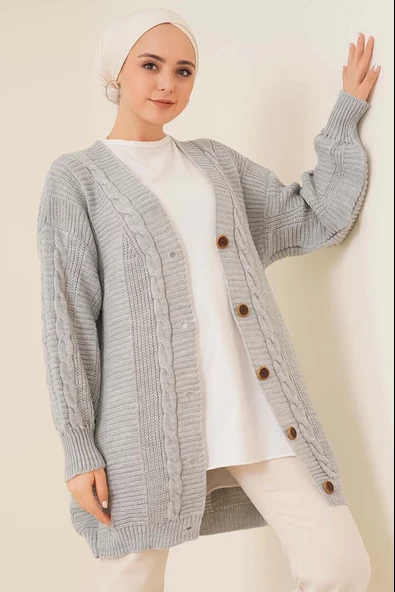 Lugmo Kadın Triko Hırka Akrilik iplik 80 cm Saç Örgülü Gri