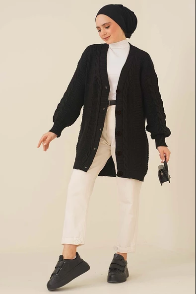 Lugmo Kadın Triko Hırka Akrilik iplik 80 cm Saç Örgülü Siyah - 2