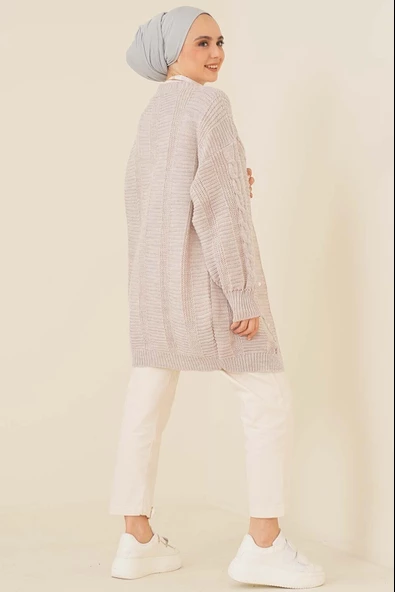 Lugmo Kadın Triko Hırka Akrilik iplik 80 cm Saç Örgülü Taş - 4