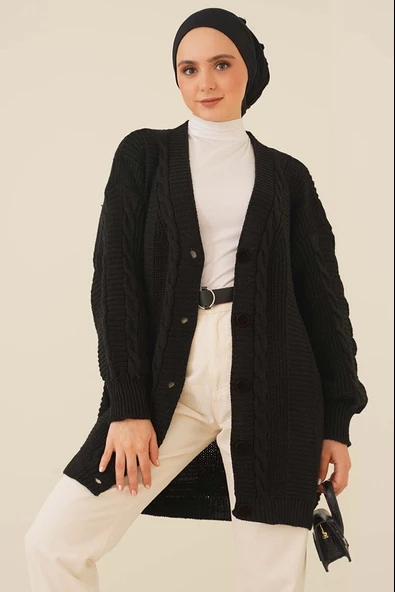 Lugmo Kadın Triko Hırka Akrilik iplik 80 cm Saç Örgülü Siyah