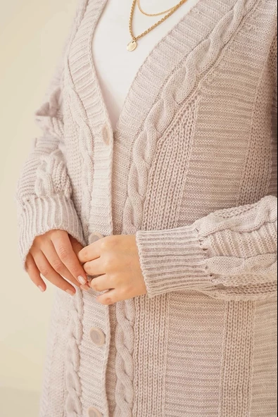 Lugmo Kadın Triko Hırka Akrilik iplik 80 cm Saç Örgülü Taş - 3