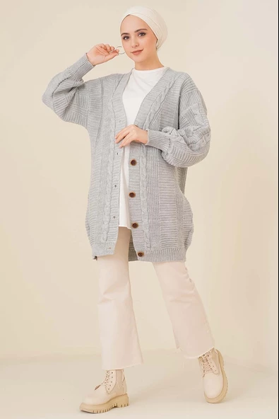 Lugmo Kadın Triko Hırka Akrilik iplik 80 cm Saç Örgülü Gri - 2