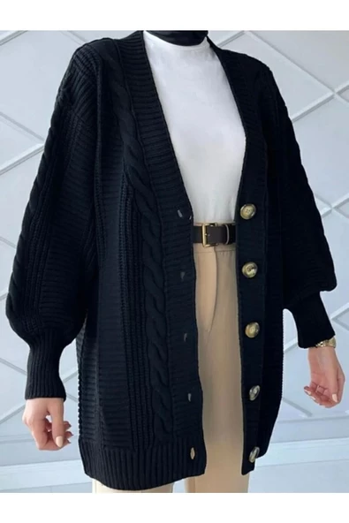 Lugmo Kadın Triko Hırka Akrilik iplik 80 cm Saç Örgülü Siyah