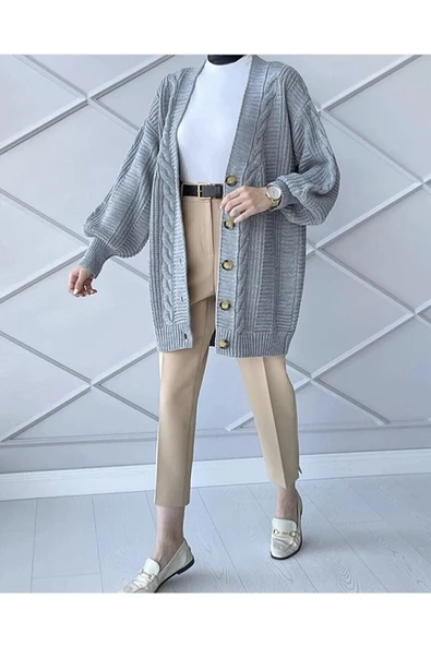 Lugmo Kadın Triko Hırka Akrilik iplik 80 cm Saç Örgülü Gri - 2