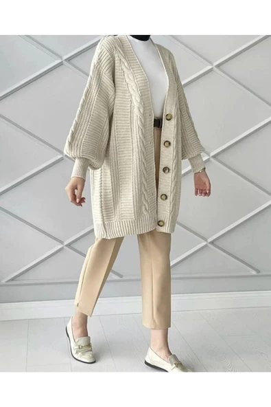 Lugmo Kadın Triko Hırka Akrilik iplik 80 cm Saç Örgülü Taş - 2