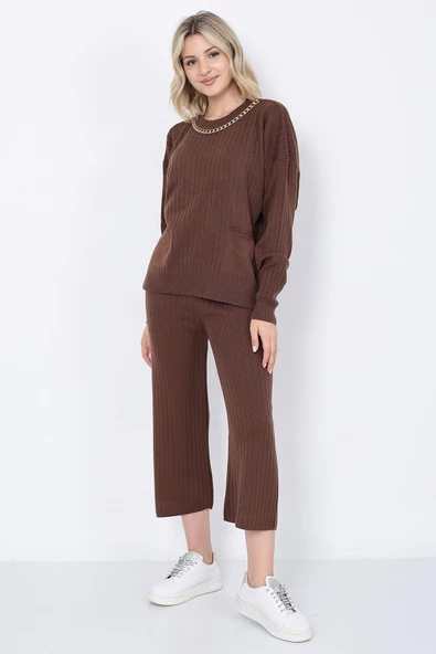 Kadın Triko Zincirli Cepli Kazak Pantolon Takım Oversize Kahverengi - 4