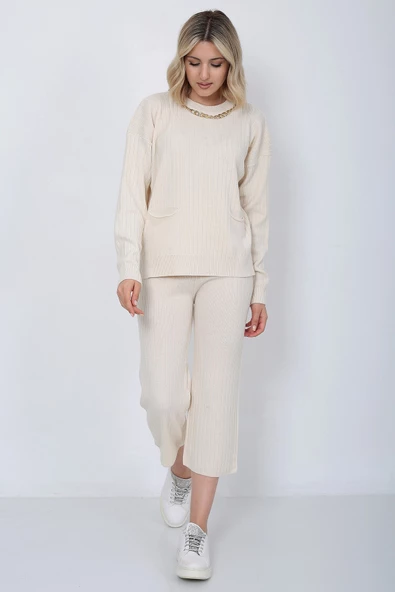 Kadın Triko Zincirli Cepli Kazak Pantolon Takım Oversize Taş - 7