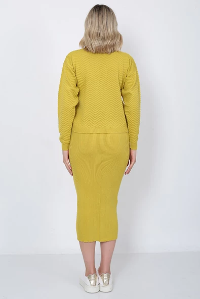 Kadın Triko Zikzak Çizgili Kazak ve Etek Takım Oversize Hardal - 9