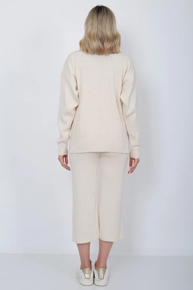 Kadın Triko Zincirli Cepli Kazak Pantolon Takım Oversize Taş - 9