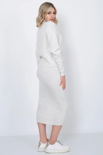 Kadın Triko Zikzak Çizgili Kazak ve Etek Takım Oversize Taş - 7