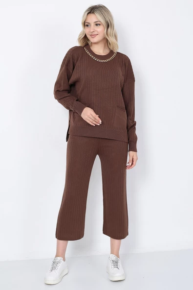 Kadın Triko Zincirli Cepli Kazak Pantolon Takım Oversize Kahverengi - 9