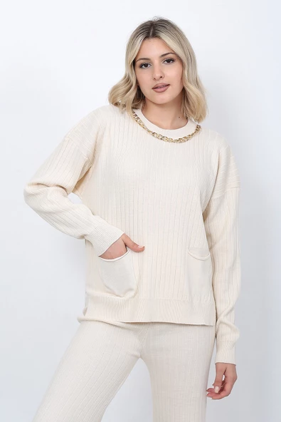 Kadın Triko Zincirli Cepli Kazak Pantolon Takım Oversize Taş - 5