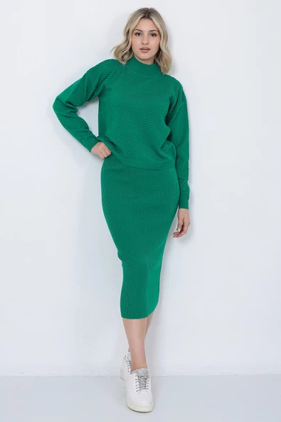 Kadın Triko Zikzak Çizgili Kazak ve Etek Takım Oversize Yeşil - 2