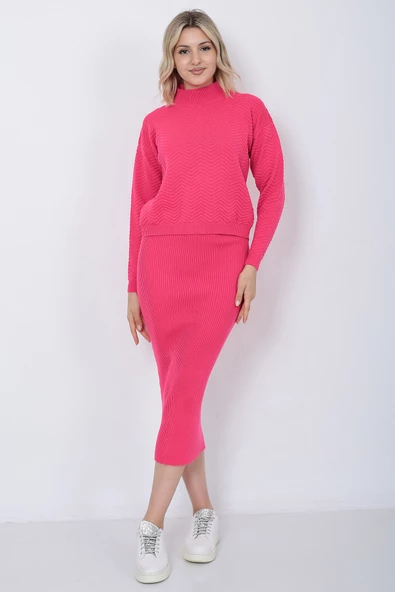 Kadın Triko Zikzak Çizgili Kazak ve Etek Takım Oversize Fujya - 10