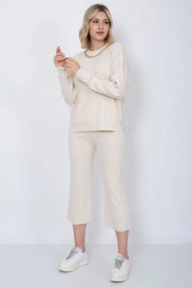 Kadın Triko Zincirli Cepli Kazak Pantolon Takım Oversize Taş - 2