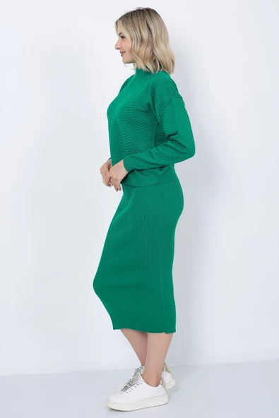 Kadın Triko Zikzak Çizgili Kazak ve Etek Takım Oversize Yeşil - 7