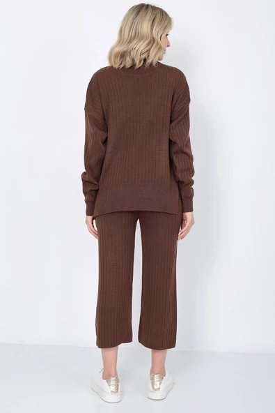 Kadın Triko Zincirli Cepli Kazak Pantolon Takım Oversize Kahverengi - 7