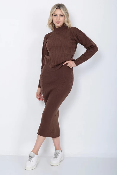 Kadın Triko Zikzak Çizgili Kazak ve Etek Takım Oversize Kahverengi - 7