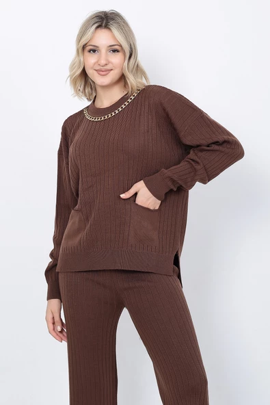 Kadın Triko Zincirli Cepli Kazak Pantolon Takım Oversize Kahverengi - 2