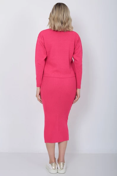 Kadın Triko Zikzak Çizgili Kazak ve Etek Takım Oversize Fujya - 12